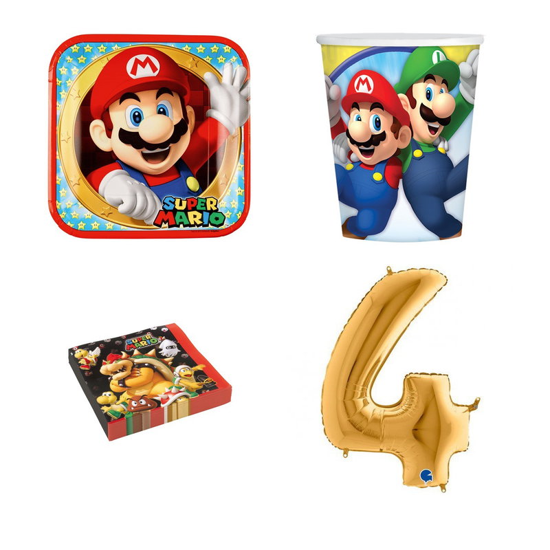 4-årskalas, Super Mario, kalaspaket, 8 gäster – paketets produkter med sifferballong 100 cm