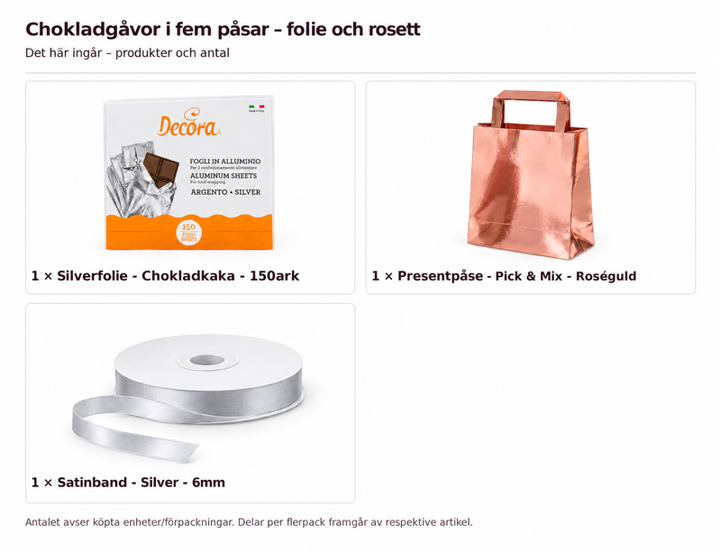 Innehåll och antal: Chokladgåvor i fem påsar – folie och rosett