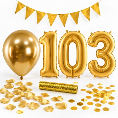 103-års festpaket, Guld, Stor – paketets dekorationer på vit bakgrund