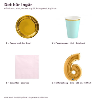 6-årskalas, Mint, rosa och guld, kalaspaket, 6 gäster – innehåll och antal, sifferballong 100 cm