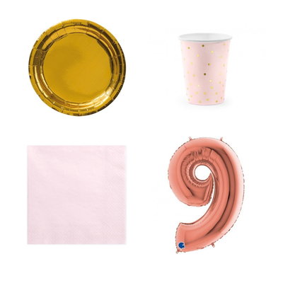 9-årskalas, Rosa och guld, kalaspaket, 6 gäster – paketets produkter med sifferballong 100 cm