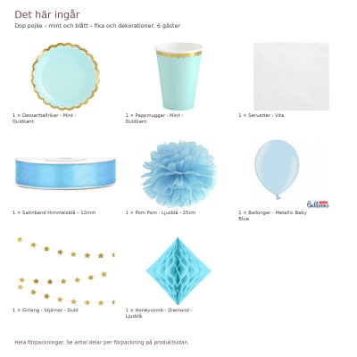 Dop pojke – mint och blått – fika och dekorationer, 6 gäster – innehåll och antal förpackningar