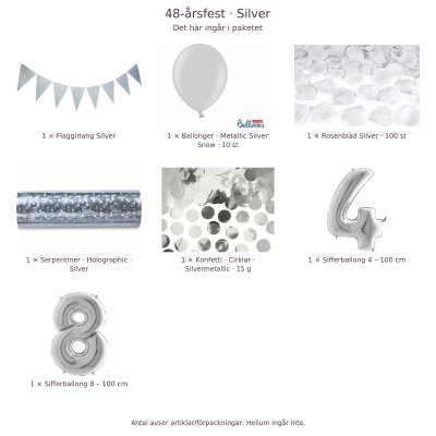 48-års festpaket, Silver, Stor – innehåll och antal förpackningar