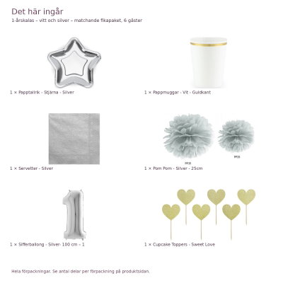 1-årskalas – vitt och silver – matchande fikapaket, 6 gäster – innehåll och antal förpackningar