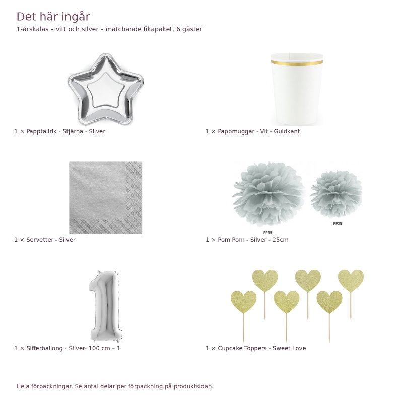 1-årskalas – vitt och silver – matchande fikapaket, 6 gäster – innehåll och antal förpackningar