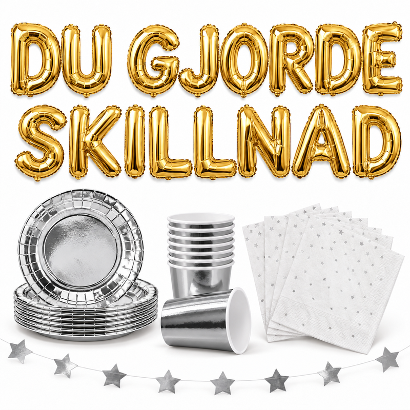 DU GJORDE SKILLNAD, 35 cm guld bokstavsballonger med silver dukning