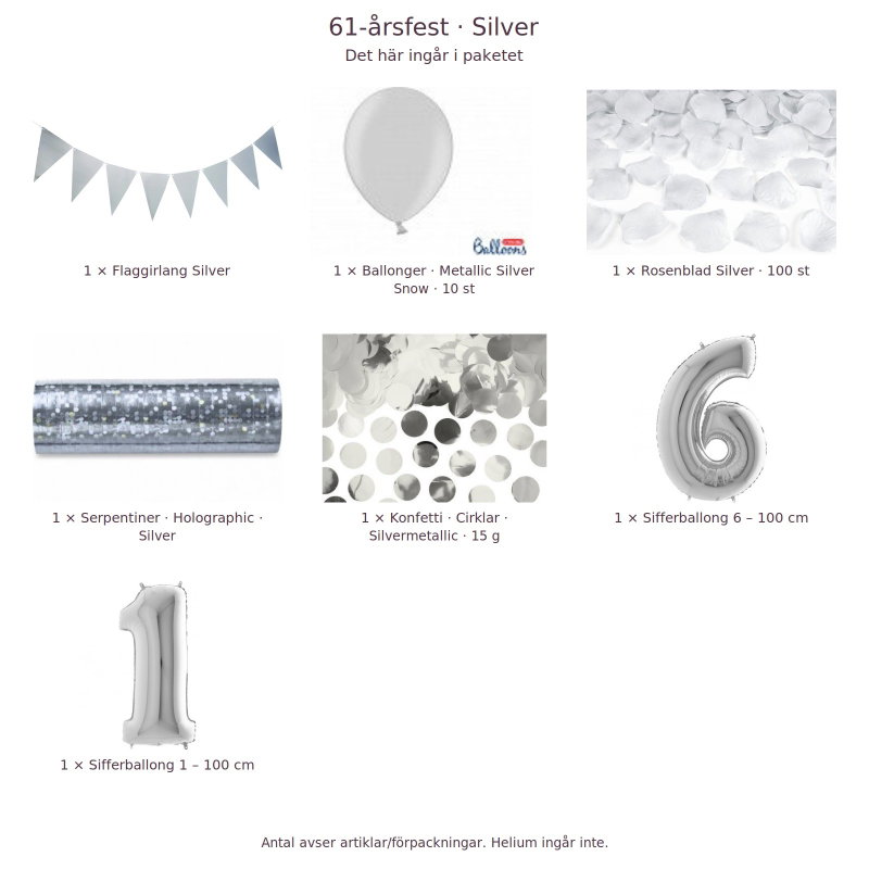 61-års festpaket, Silver, Stor – innehåll och antal förpackningar