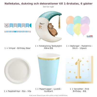 Nallekalas, dukning och dekorationer till 1-årskalas, 6 gäster – innehåll och antal förpackningar