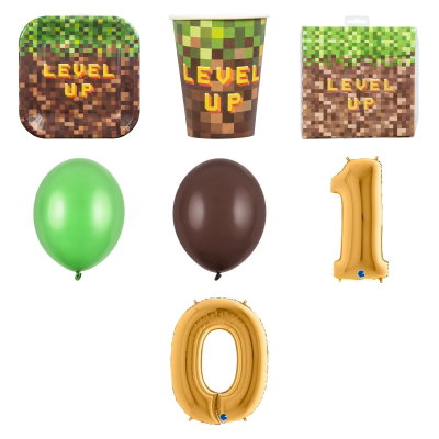 10-årskalas, Gamingkalas i pixeltema, kalaspaket, 8 gäster – översikt av ingående produkttyper
