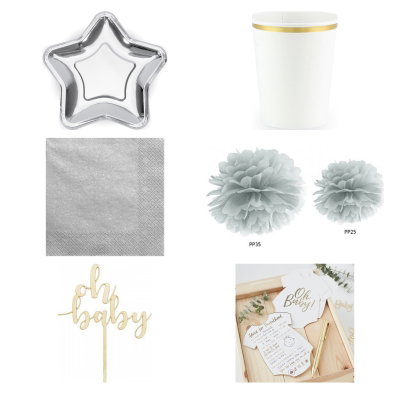 Babyshower – vitt och silver – dukning och minnen, 6 gäster – paketets produkter