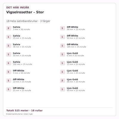 Det här ingår – Satinbandspaket – Vigselrosetter – Stor – 18 rullar