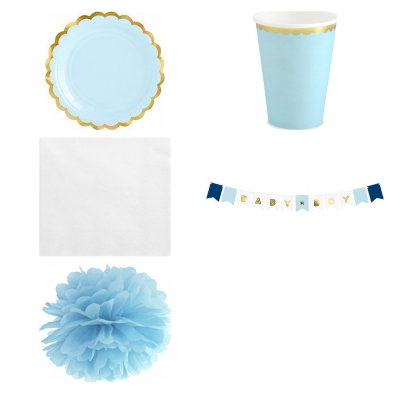 Babyshower pojke – blå och guld – fikapaket, 6 gäster – produktöversikt