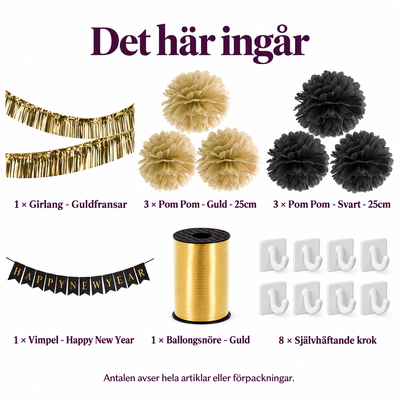 Det här ingår i Guldtaket över nyårssalongen – fransar och pappersmoln