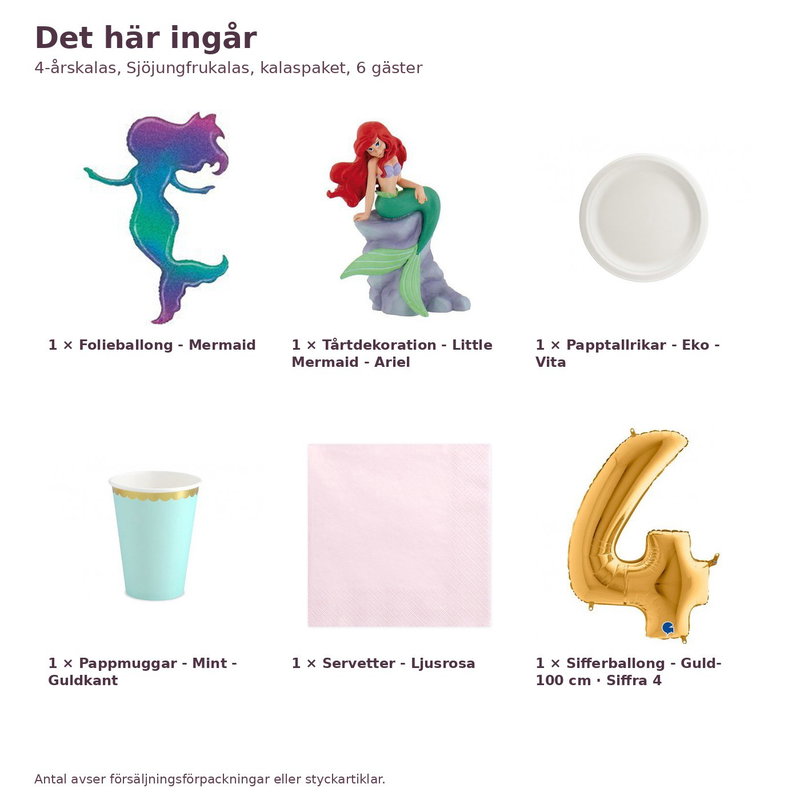 4-årskalas, Sjöjungfrukalas, kalaspaket, 6 gäster – innehåll och antal, sifferballong 100 cm