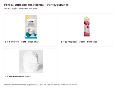 Första cupcake-rosetterna – verktygspaket – innehåll och antal förpackningar