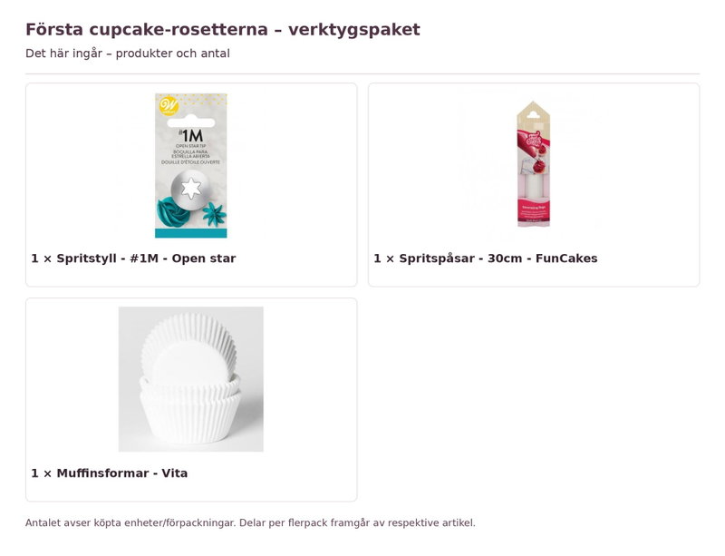 Första cupcake-rosetterna – verktygspaket – innehåll och antal förpackningar