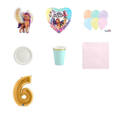 6-årskalas, My Little Pony, kalaspaket, 6 gäster – paketets produkter med sifferballong 100 cm