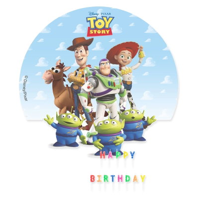 Toy Story – tårtpaket med tårtbild och tårtljus – paketets samlade innehåll
