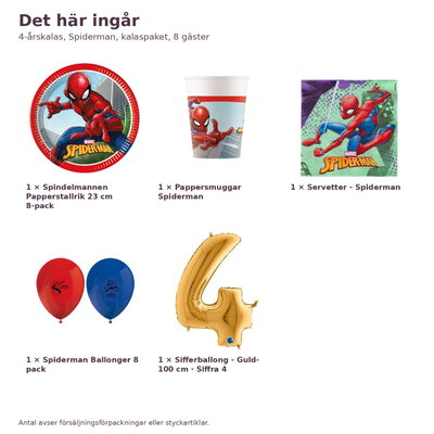 4-årskalas, Spiderman, kalaspaket, 8 gäster – innehåll och antal, sifferballong 100 cm
