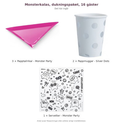 Monsterkalas, dukningspaket, 16 gäster – innehåll och antal förpackningar