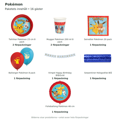 Pokémon – kalaspaket med dekorationer för 16 gäster – innehåll och antal