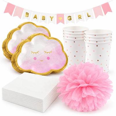 Babyshower flicka – rosa moln – fikapaket, 12 gäster – samlat paketinnehåll