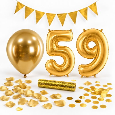 59-års festpaket, Guld, Stor – paketets dekorationer på vit bakgrund