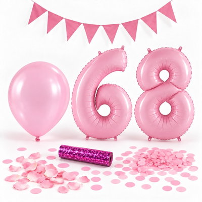 68-års festpaket, Rosa, Stor – paketets dekorationer på vit bakgrund