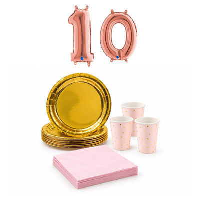 10-årskalas, Rosa och guld, kalaspaket, 6 gäster – sammansatt bild av paketets produkter