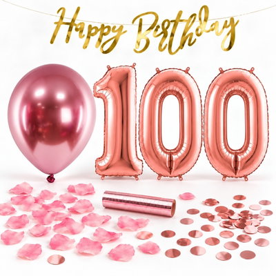 100-års festpaket, Roséguld, Stor – paketets dekorationer på vit bakgrund