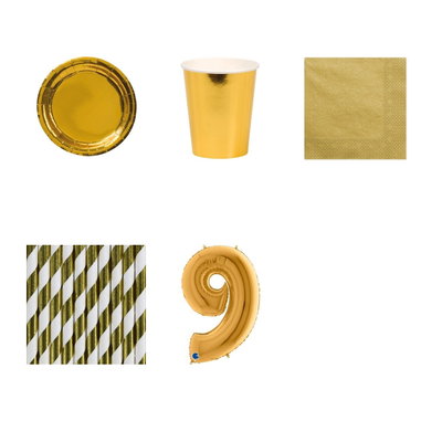 9-årskalas, Guld, kalaspaket, 8 gäster – paketets produkter med sifferballong 100 cm