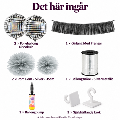 Det här ingår i Discotak till tolvslaget – två kulor och svart frans