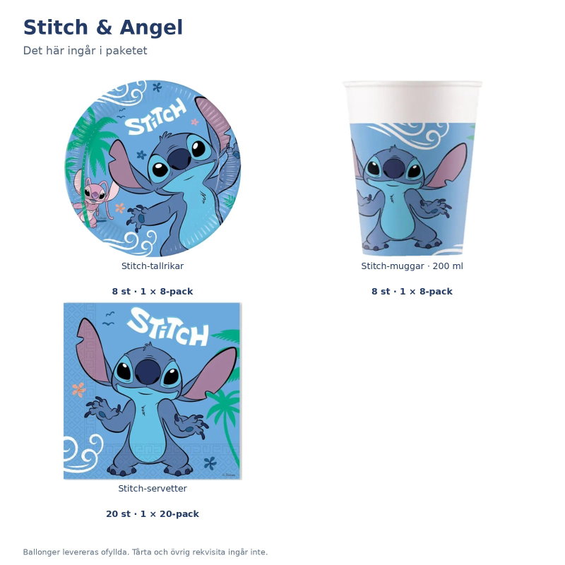 Stitch & Angel – dukningspaket för 8 gäster – innehåll och antal
