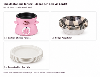Innehåll och antal: Chokladfondue för sex – doppa och dela vid bordet