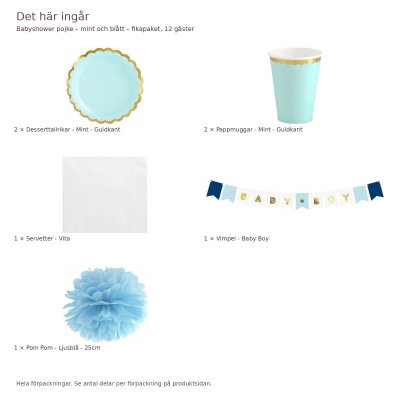Babyshower pojke – mint och blått – fikapaket, 12 gäster – innehåll och antal förpackningar