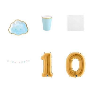 10-årskalas, Pyjamasparty – moln och stjärnor, kalaspaket, 6 gäster – paketets produkter med sifferballong 100 cm