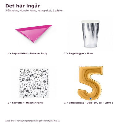 5-årskalas, Monsterkalas, kalaspaket, 6 gäster – innehåll och antal, sifferballong 100 cm