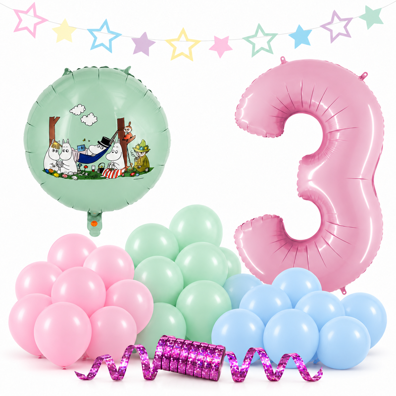 Mumin 3 år – dekorationspaket Pastell – paketets produkter
