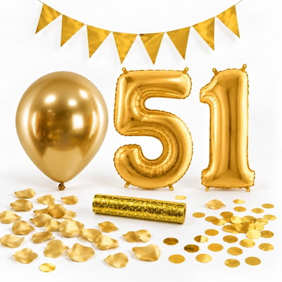 51-års festpaket, Guld, Stor – paketets dekorationer på vit bakgrund