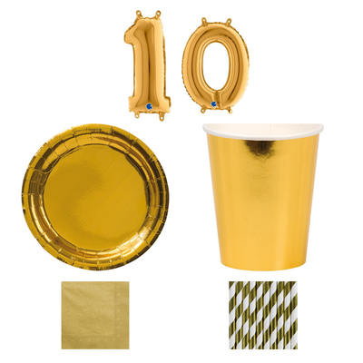 10-årskalas, Guld, kalaspaket, 8 gäster – sammansatt bild av paketets produkter