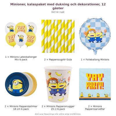 Minioner, kalaspaket med dukning och dekorationer, 12 gäster – innehåll och antal förpackningar