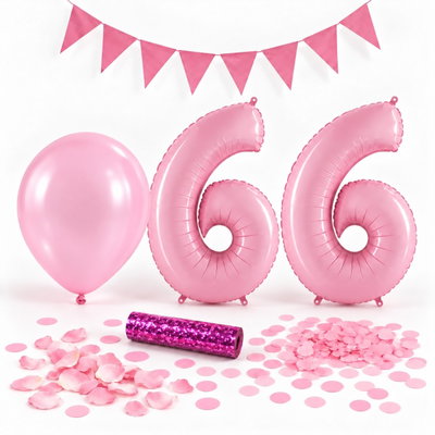 66-års festpaket, Rosa, Stor – paketets dekorationer på vit bakgrund