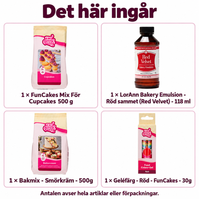 Det här ingår: Blood velvet – röda cupcakes med vit kräm och röda streck