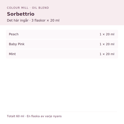 Paketinnehåll: 1 × Peach 20 ml, 1 × Baby Pink 20 ml, 1 × Mint 20 ml
