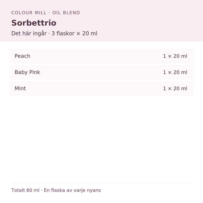 Paketinnehåll: 1 × Peach 20 ml, 1 × Baby Pink 20 ml, 1 × Mint 20 ml