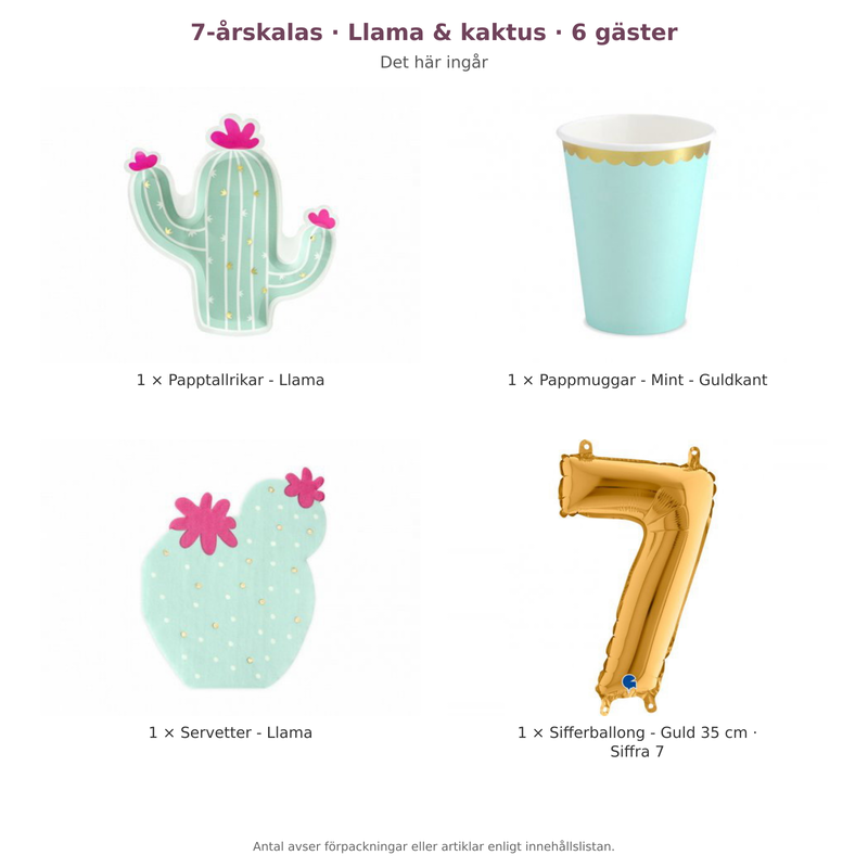 7-årskalas, Llama & kaktus, kalaspaket, 6 gäster – innehåll och antal förpackningar