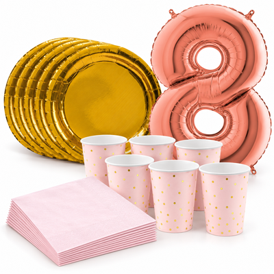 8-årskalas, Rosa och guld, kalaspaket, 6 gäster – samlat paketinnehåll