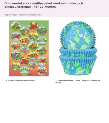 Dinosauriekalas – muffinspaket med minibilder och dinosaurieformar – för 20 muffins – innehåll och antal