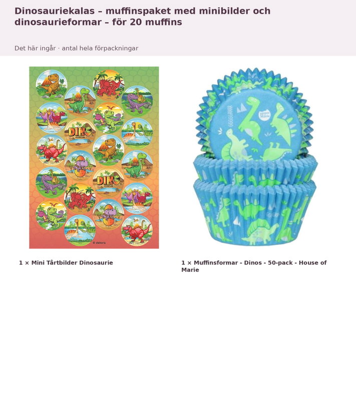 Dinosauriekalas – muffinspaket med minibilder och dinosaurieformar – för 20 muffins – innehåll och antal