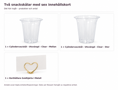 Innehåll och antal: Två snackskålar med sex innehållskort